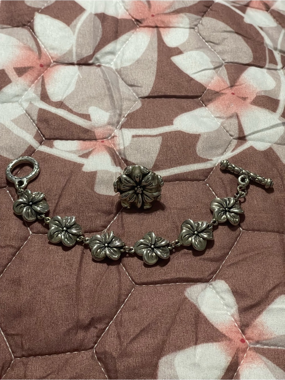925 Sterling Silver Floral Charm Bracelet & Matching Ring Set